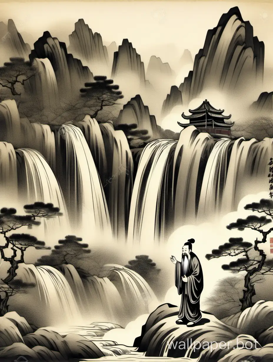 confucio on waterfall, chinese old illustration, beautiful ink style.