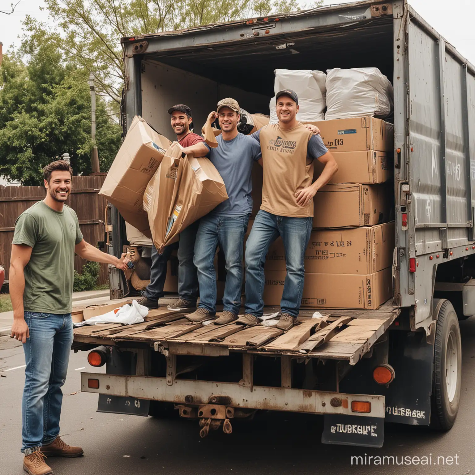 three guys taking junks to their truck and they providing junk removal service