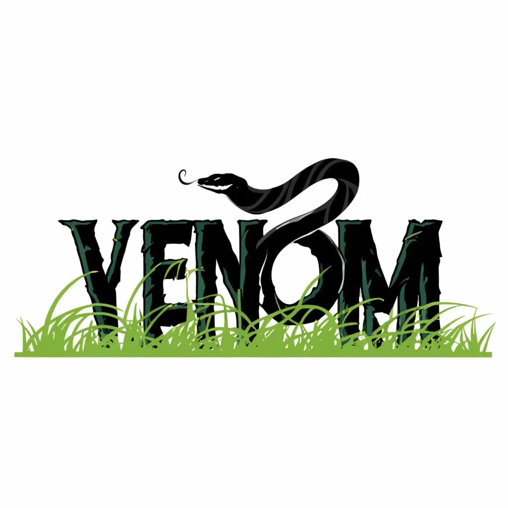 a logo design, with the text 'Venom', main symbol: black snake slithering through the letters at the top of the word there's grass growing out the top  