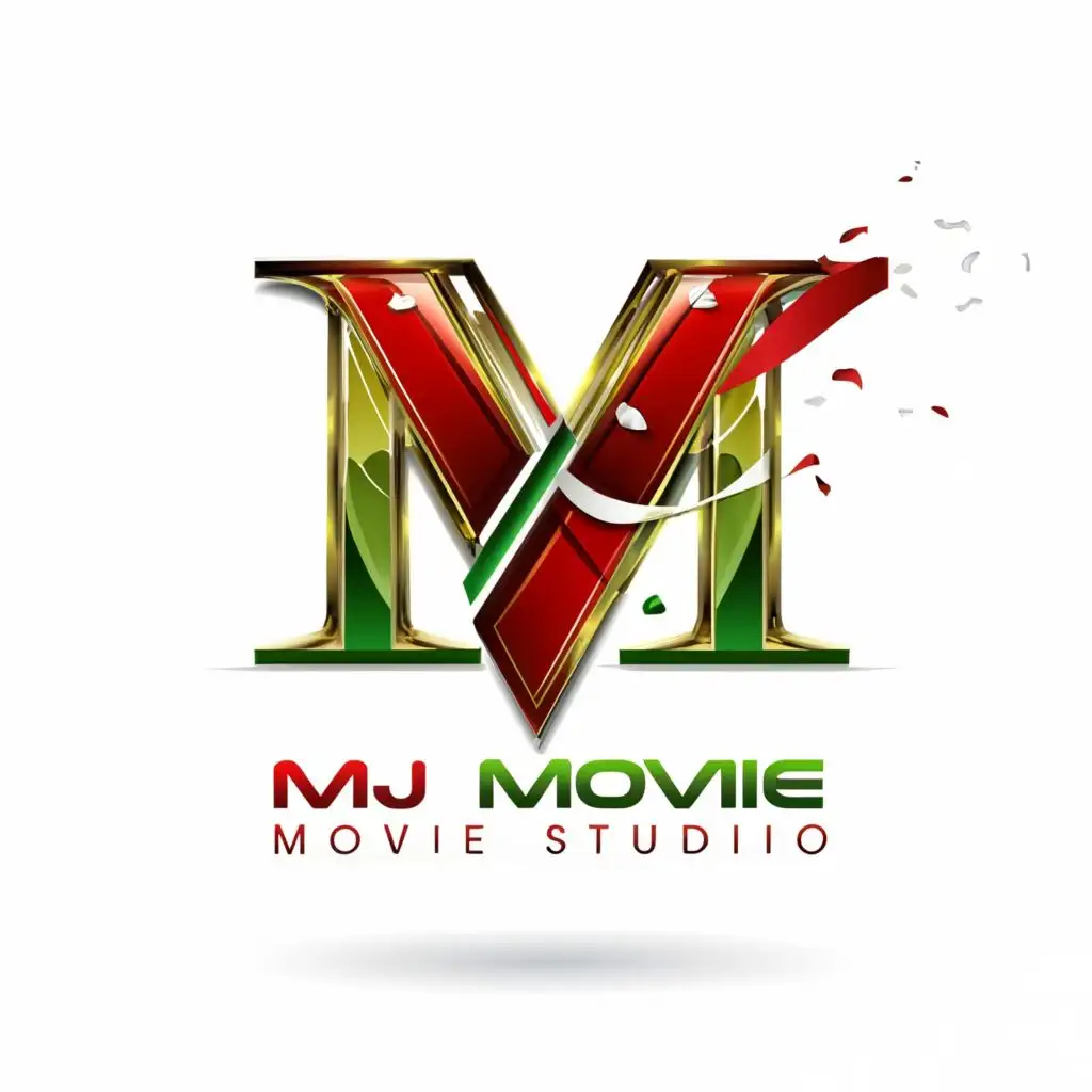 LOGO-Design-For-MJ-Movie-Studio-Striking-Red-Green-Emblem-Against-White-Background-with-Sleek-Typography
