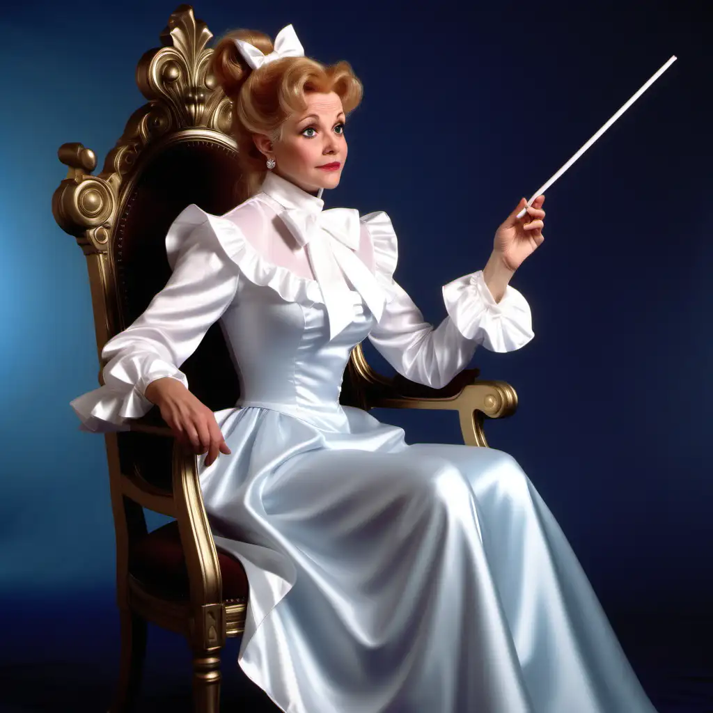 Fairy godmother wearing a white satin blouse with high-neck ruffles and large ribbon-bow collar and long satin dress seated on a throne and looking disappointed while holding a magic wand full body profile