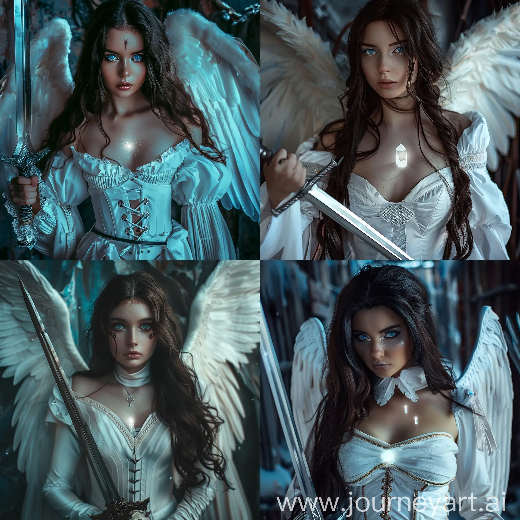 A captivating, ultra-realistic photo of a feminine warrior with angel wings dressed in white Gothic-inspired attire, showcasing her lean. Her long, dark hair flows elegantly, and her intense blue eyes draw the viewer in. With a bold Gothic makeup look, she wields a sword in one hand, exuding a powerful and seductive aura. The dark fantasy setting, with its gloomy atmosphere, envelops her otherworldly presence, making her the focal point of the image, Little light crystal on her chest, photo, dark fantasy