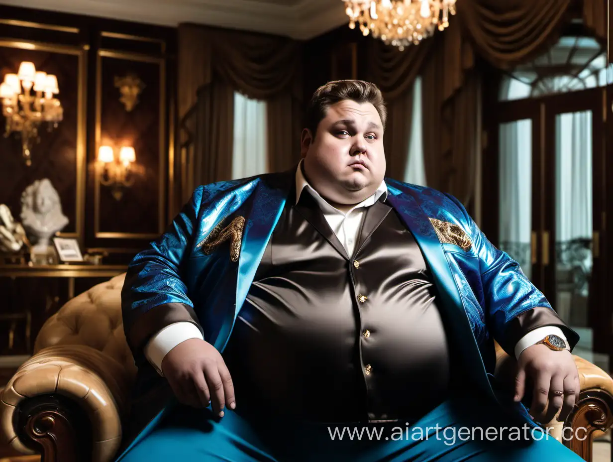 Богатый, толстый мужик сидит в дорогом пиджаке и часах в своем особняке