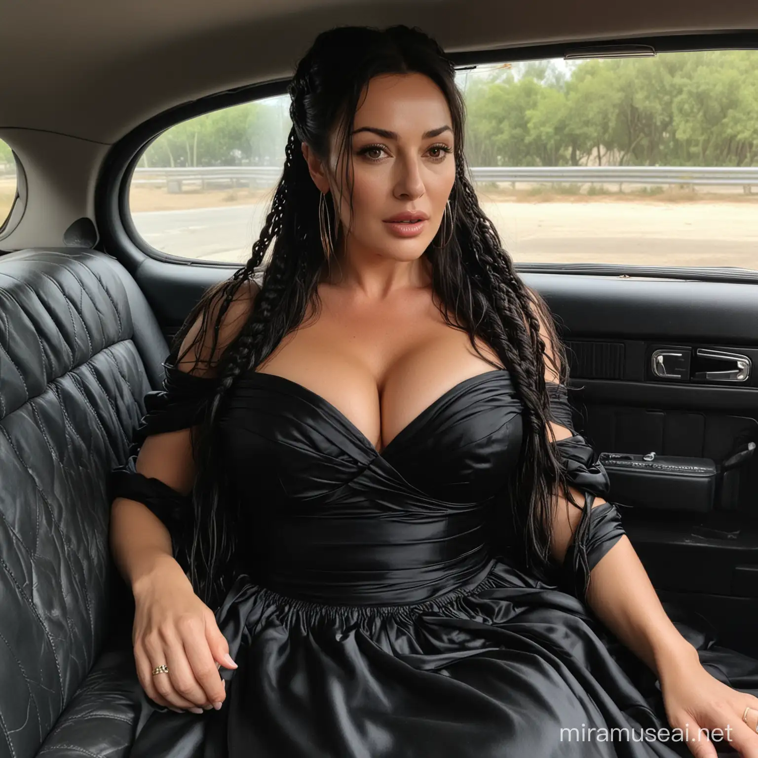 Monica Bellucci in a black silk wedding dress, hair in two long braids, in the back seat of a car, wearing large hoop earrings, bbw, giant breast, massive cleavage