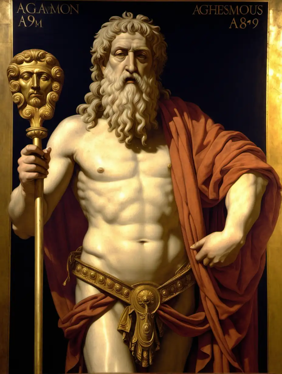 A Renaissance painting of Agamemnon, holding a staff created by Hephaestus. Agamemnon is the only person in the painting.
