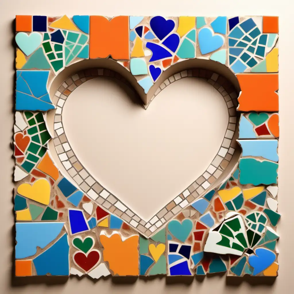 Make a title sheet. Make a border with colorful broken tiles. in the style of Gaudi, add a heart to the tile.

