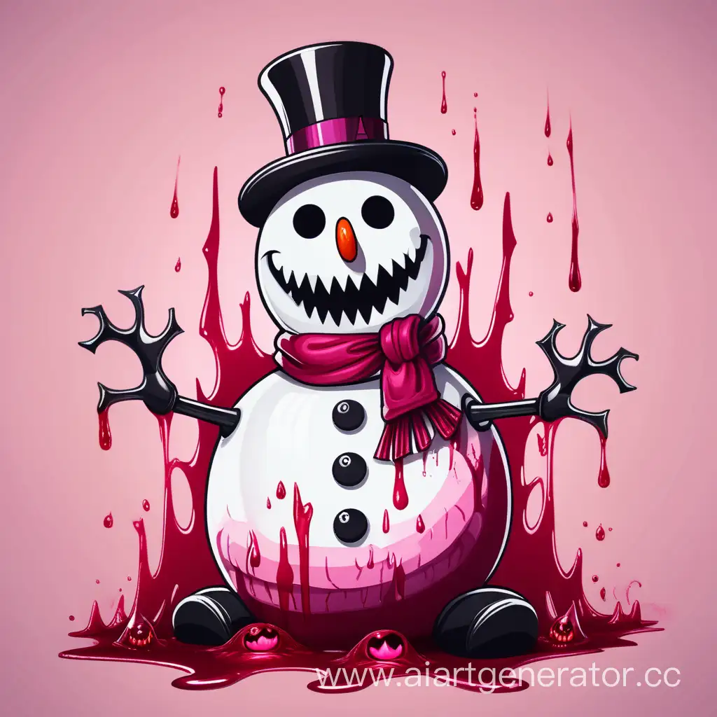 страшный снеговик убийца в крови, злыми глазами и страшной улыбкой в нежно розовом стиле (кровь красная)

