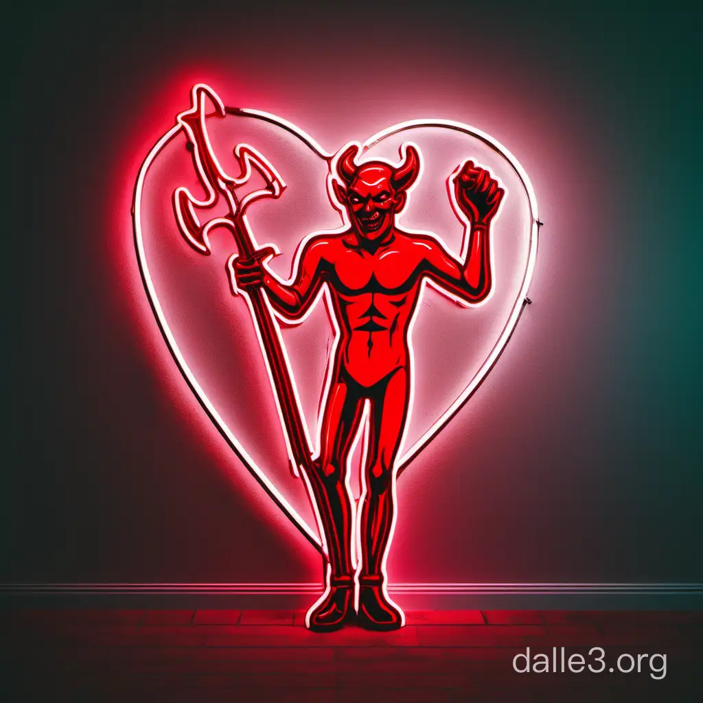 red devil stabbing a heart made of red neon sign