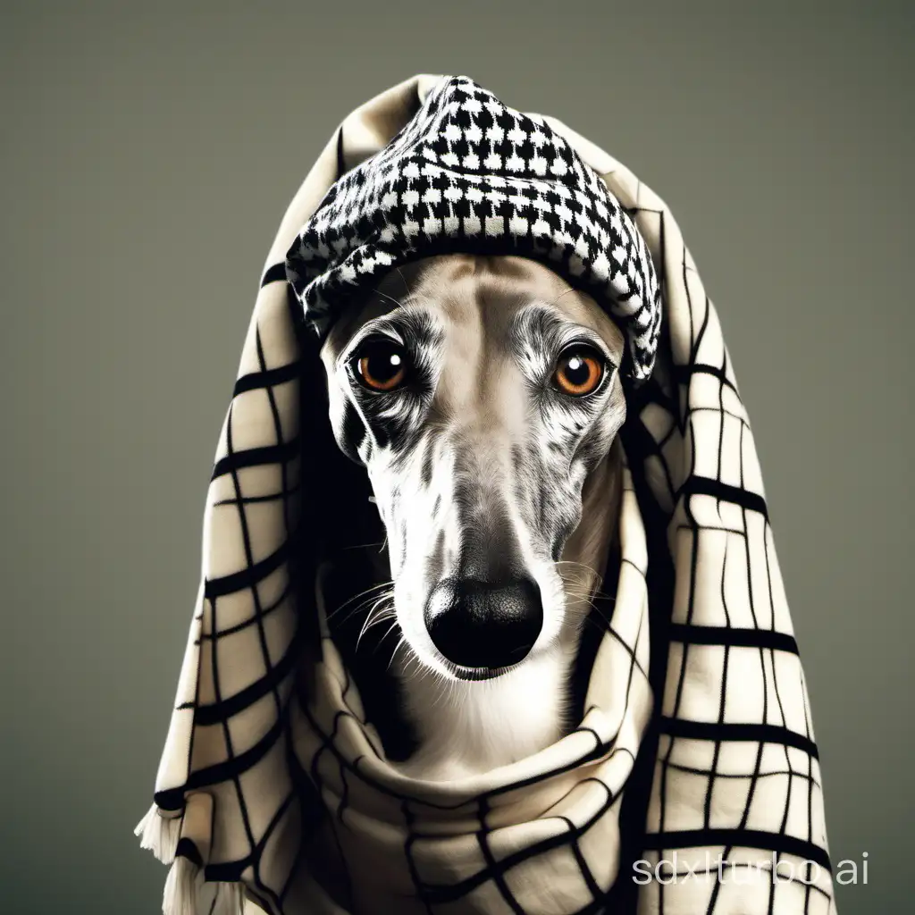 A greyhound with a head like Arafat and with Arafat scarf on head

