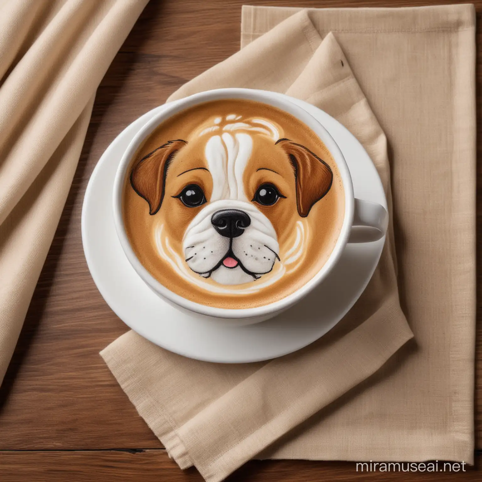 coffee cup with realistic dog latte art and a napkin on the side
