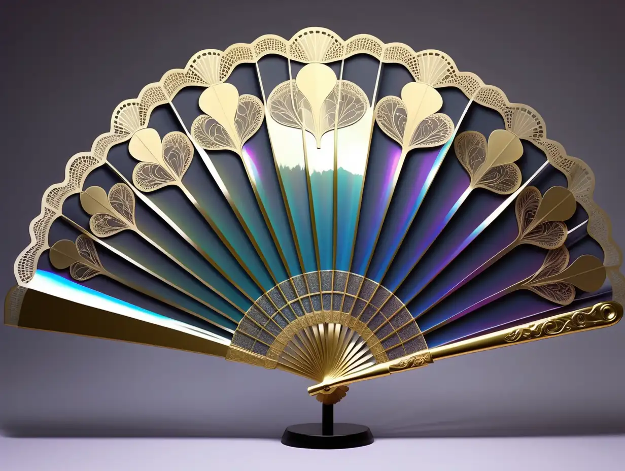 large handfan. metalic. iridescent. gold silhouette outline. very intricately and microscopically detailed.