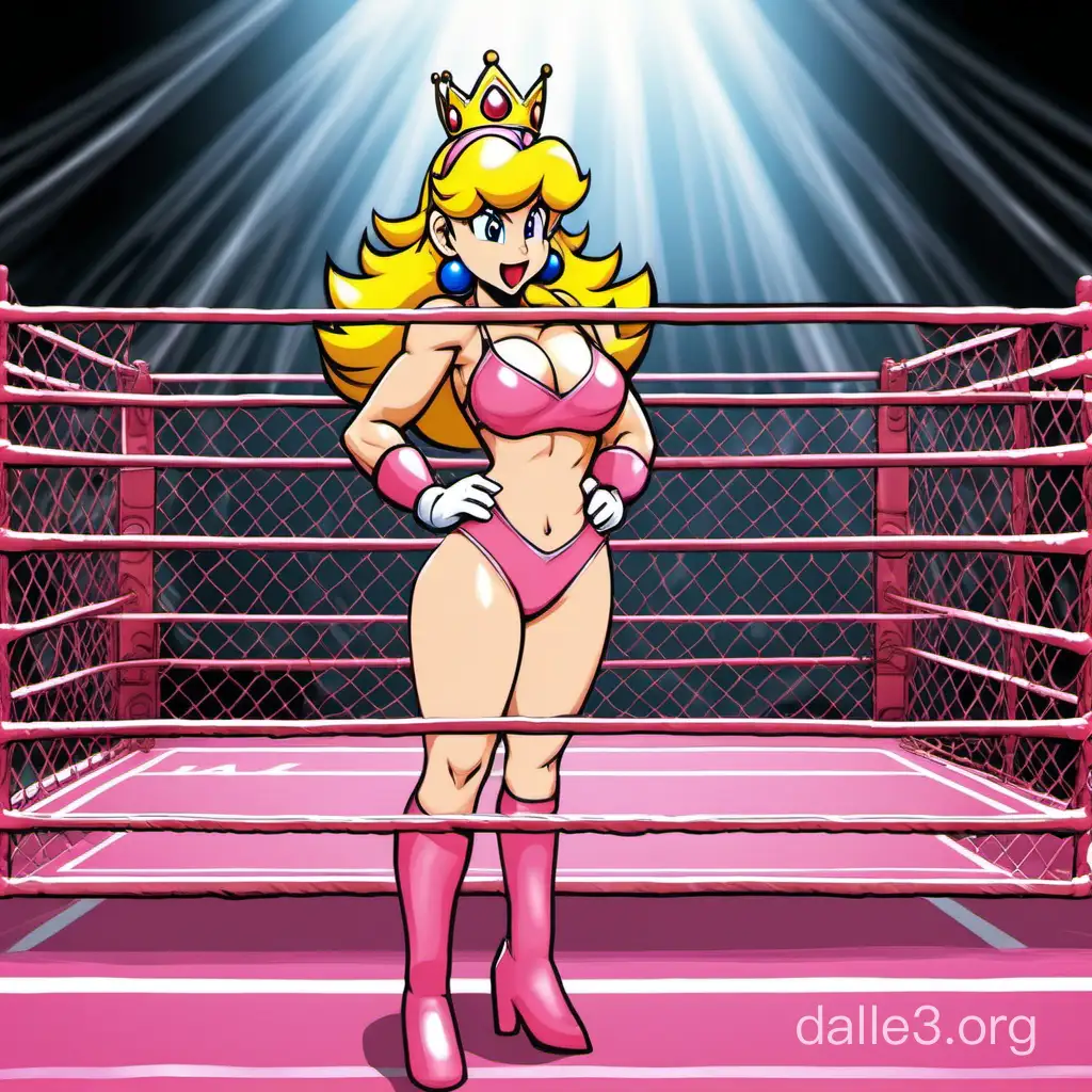 Princess peach  in pink bikini stand in wrestling cage