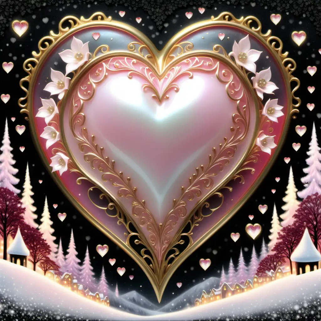 Neon mother of pearl blush burgundy, frosted glitter filigree glowing heart, lightsplash glitter background, black, gold, snow drop flowers, Thomas kinkade 