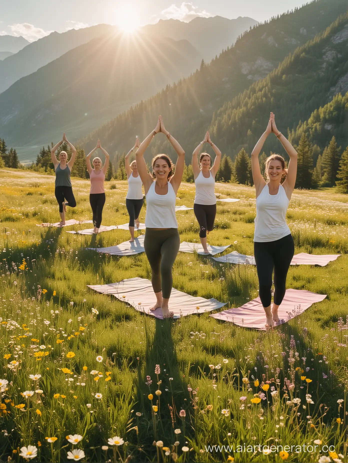 Joyful-Yoga-Practice-in-Meadow-with-Flowers-and-Mountain-Horizon