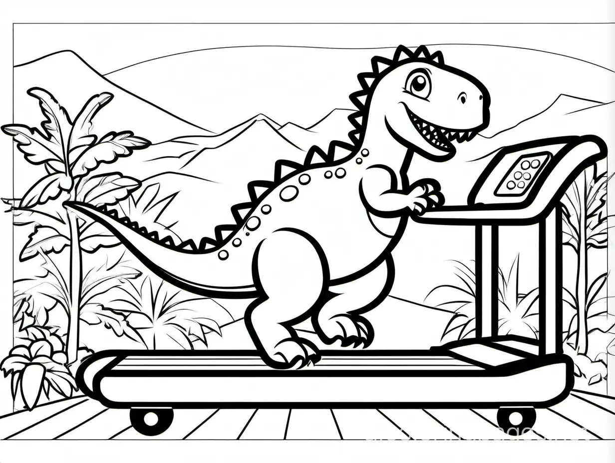 dinosaur on a treadmill, Coloring Page, black and white, line art, white background, Simplicity, Ample White Space. The background of the coloring page is plain white to make it easy for young children to color within the lines. The outlines of all the subjects are easy to distinguish, making it simple for kids to color without too much difficulty
