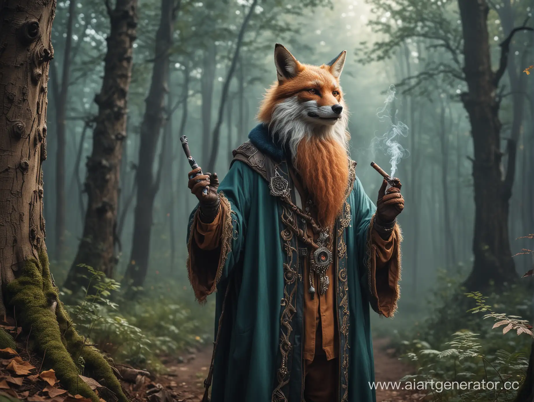 Werefox wizard with beard smoking pipe in enchanted forest