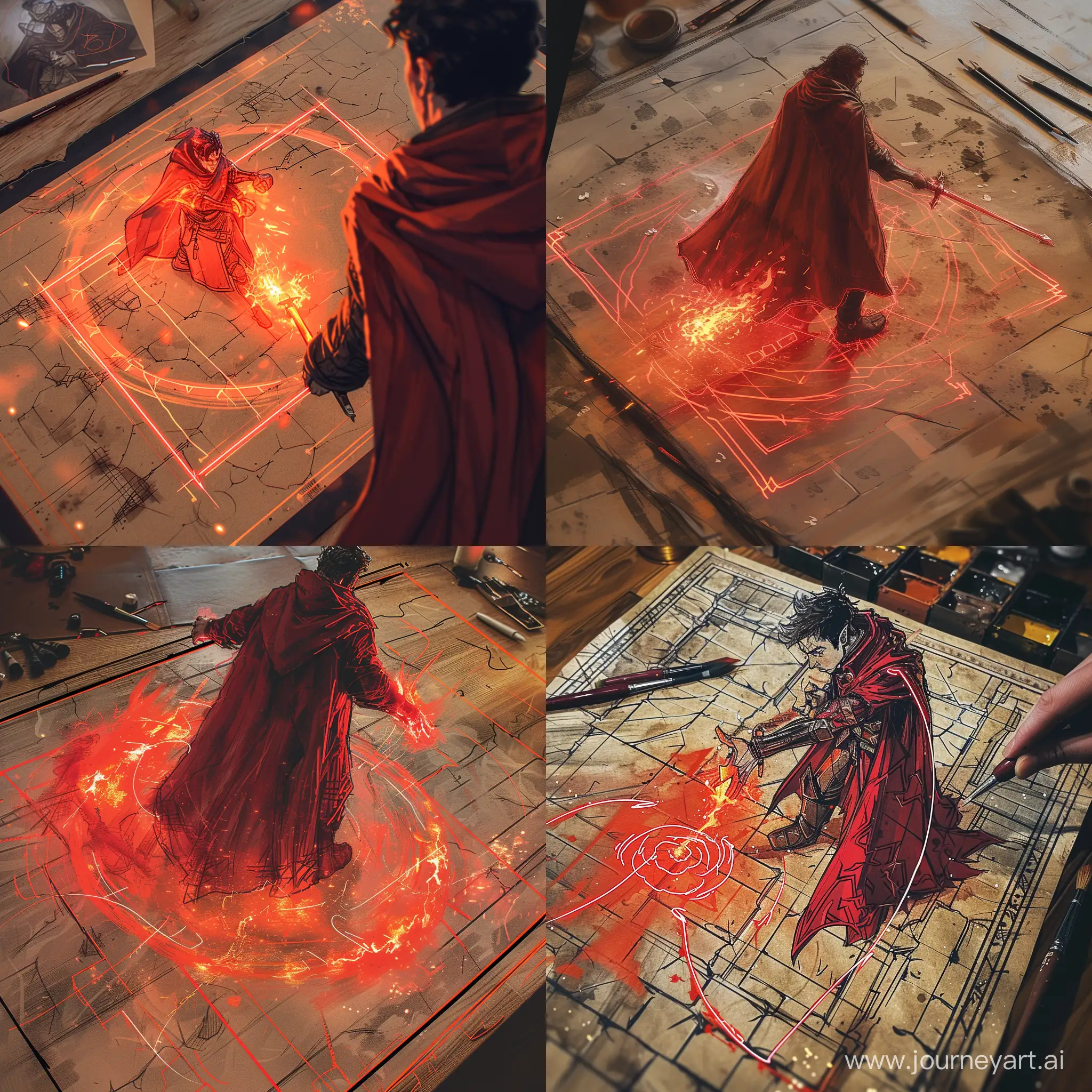 draw a game character in a red cloak with a red flaming sword on the playing field and his attack range is highlighted around him. draw in the same hand paint style