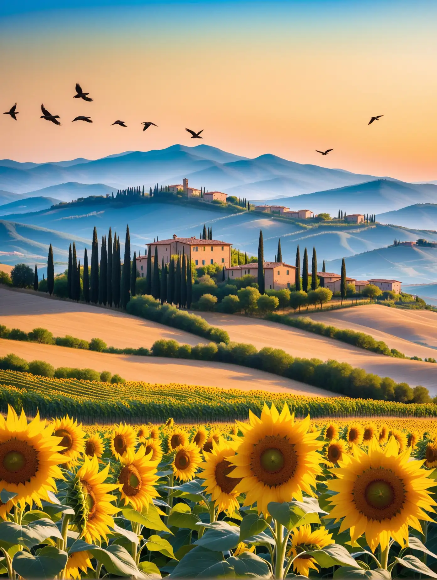 Mountains of Tuscany with sunflowers in the foreground and birds in the sky