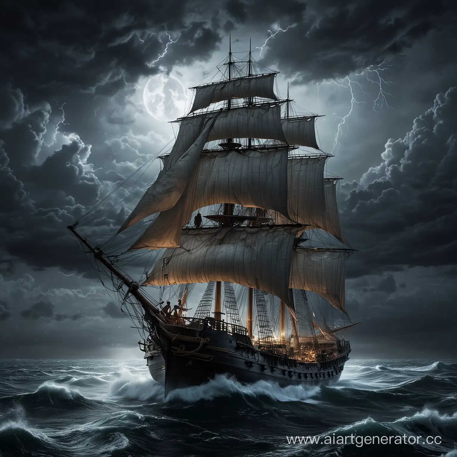 Ethereal-Night-Storm-Ship-Sailing-Through-Turbulent-Seas