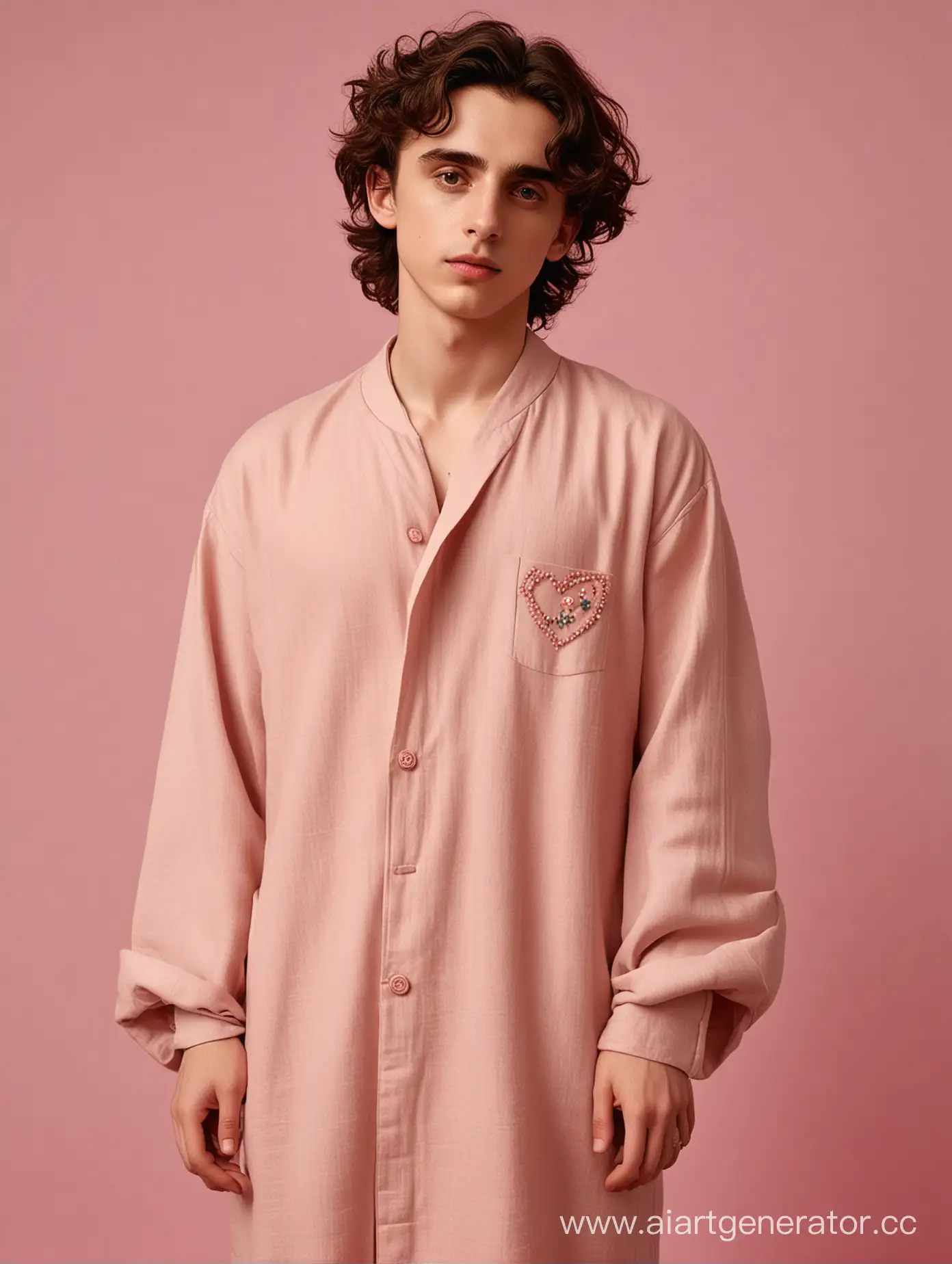 can you please make a realistic photo of timothee chalamet in a pink room in a beige modern linen abayas with small embroidery hearts on the bottom of sleeves