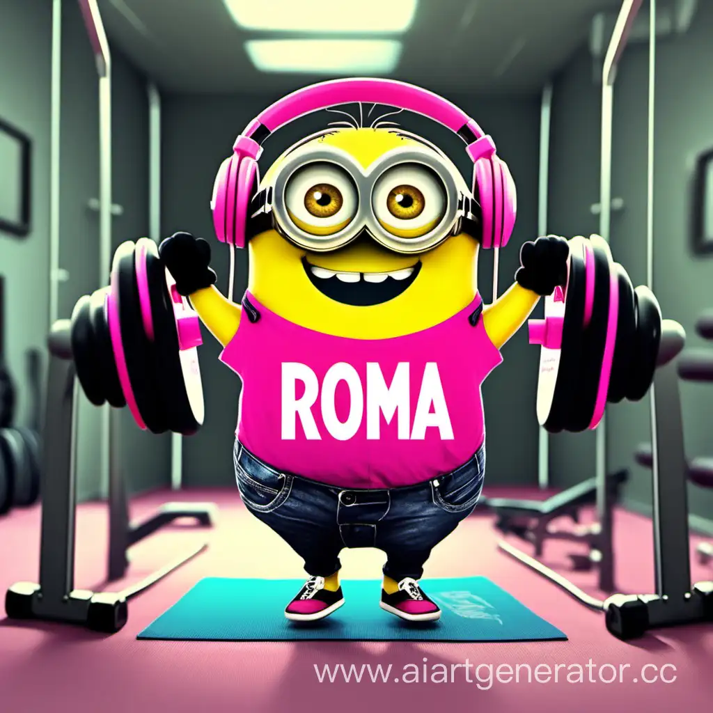 Minion-in-Roma-TShirt-and-Cat-Ear-Headphones-Working-Out-in-Gym