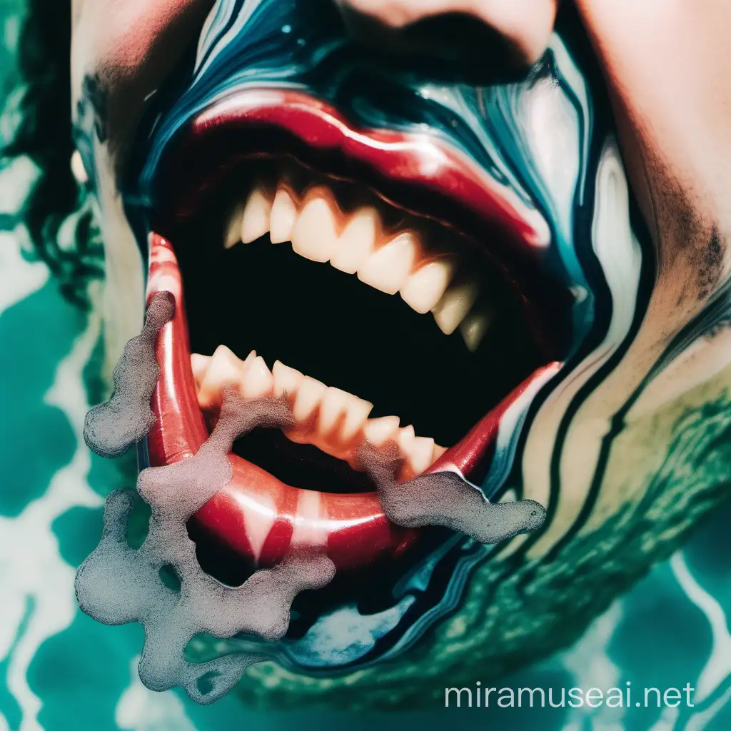 close up of open mouth in swiling multi-colored marbled water, hand in mouth, polaroid