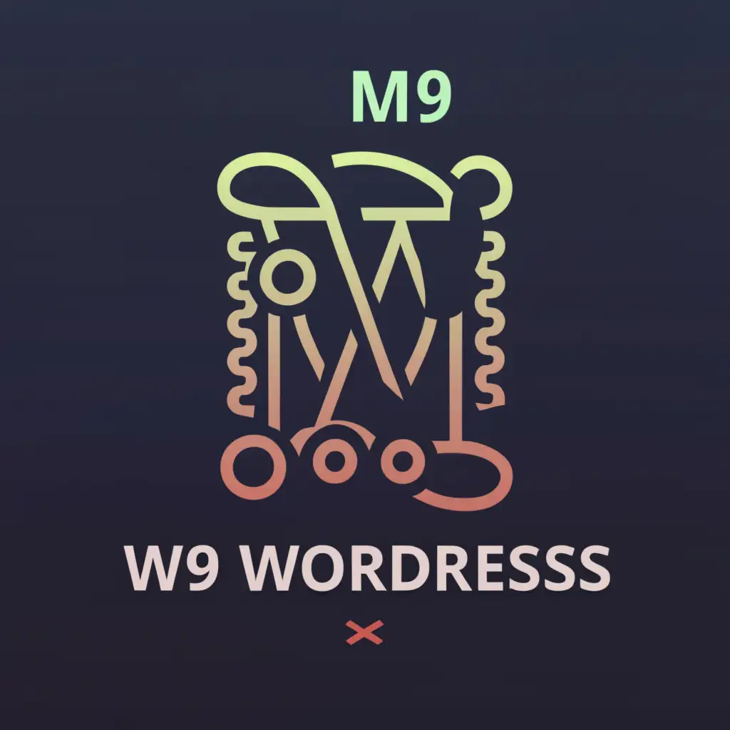 a logo design, with the text M9-Wordpress, main symbol: Name and Typography: I would use a modern, sans-serif font for the name M9-Wordpress. This would give a clean and professional appearance.

Programming Symbols: I would embed curly braces {} or other programming symbols around the name or as part of a letter, such as replacing the 'O' of 'Wordpress' with a {}.

Poetry Elements: I would add a small poetry symbol, such as a fountain pen or an open book, which could go above the name or to one side of it.

Colors: I would maintain a neutral color base, such as gray or black, with accents in blue to add a touch of color and reference the WordPress brand. , Moderate, be used in Technology industry, clear background
