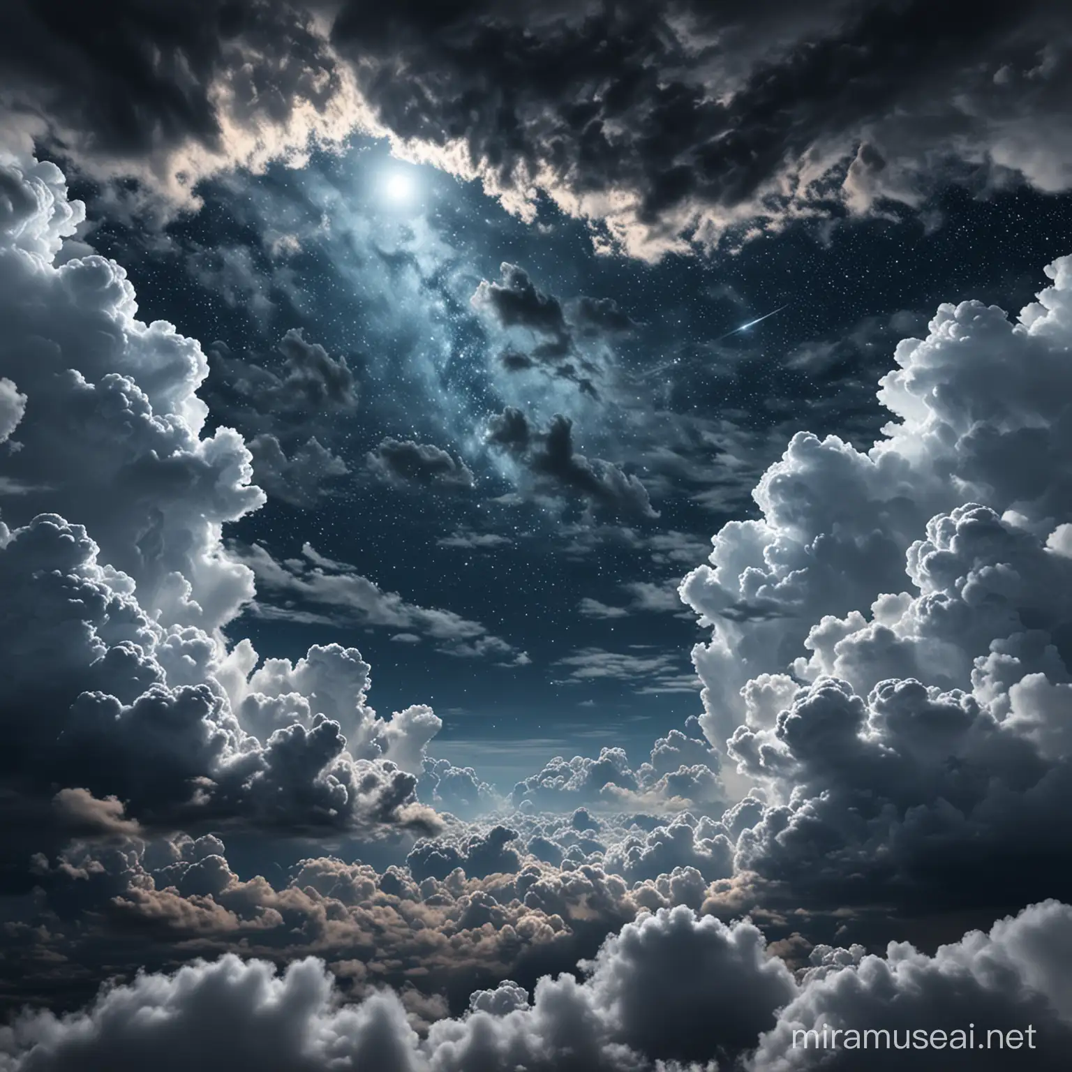 couldy night sky, view in between the clouds, ultra-realistic