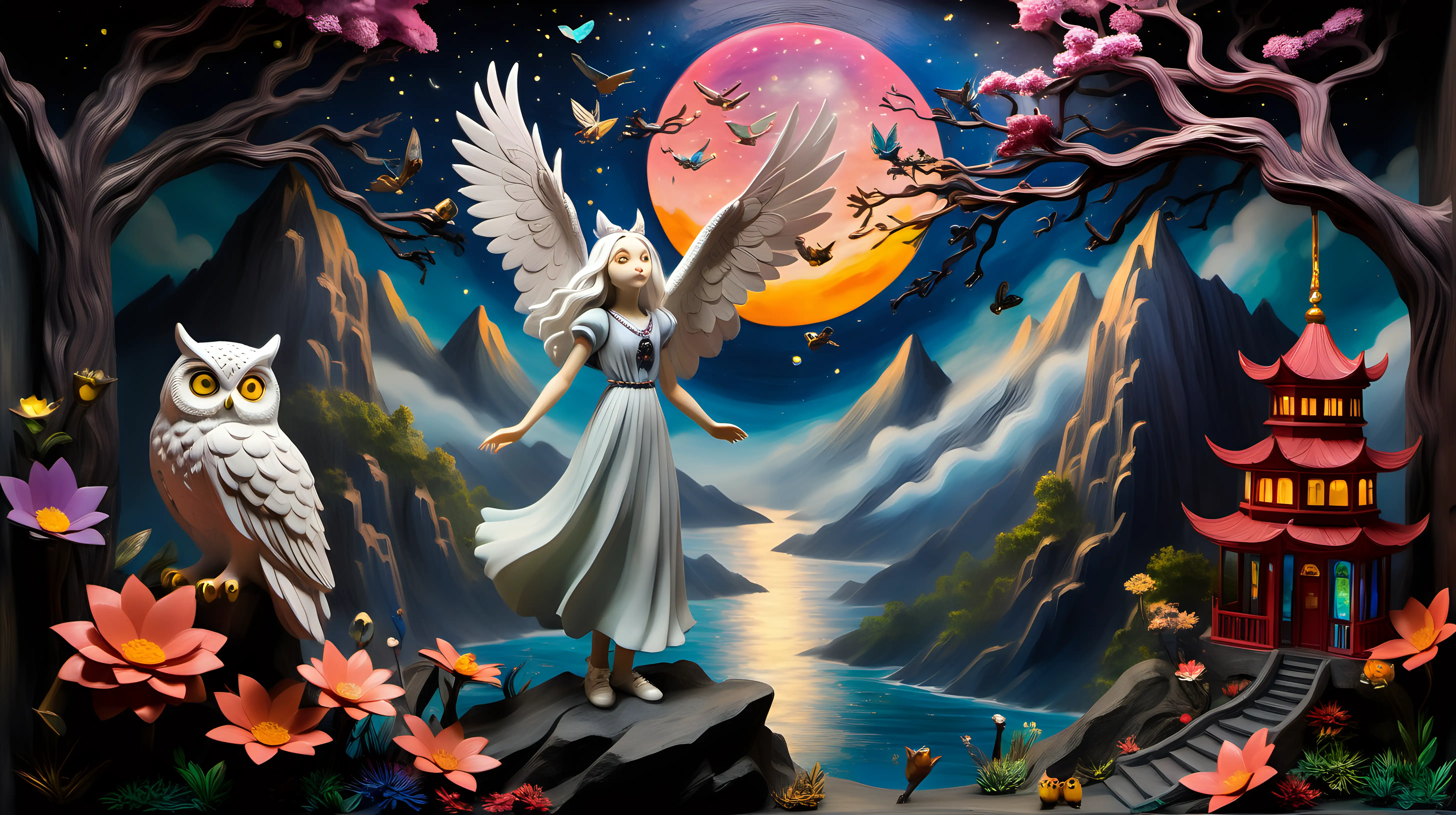 DIORAMA, ghibli inspired painting of beautiful enchanting slender, white-haired, wavy, 18 YEAR OLD girl who shape-shifts into an owl, owl princess, playing with a big colorful owl in an enchanted forest skyline, flowers, fireflies and moonlight, sea of clouds, mountain, temple, colorful, cliff