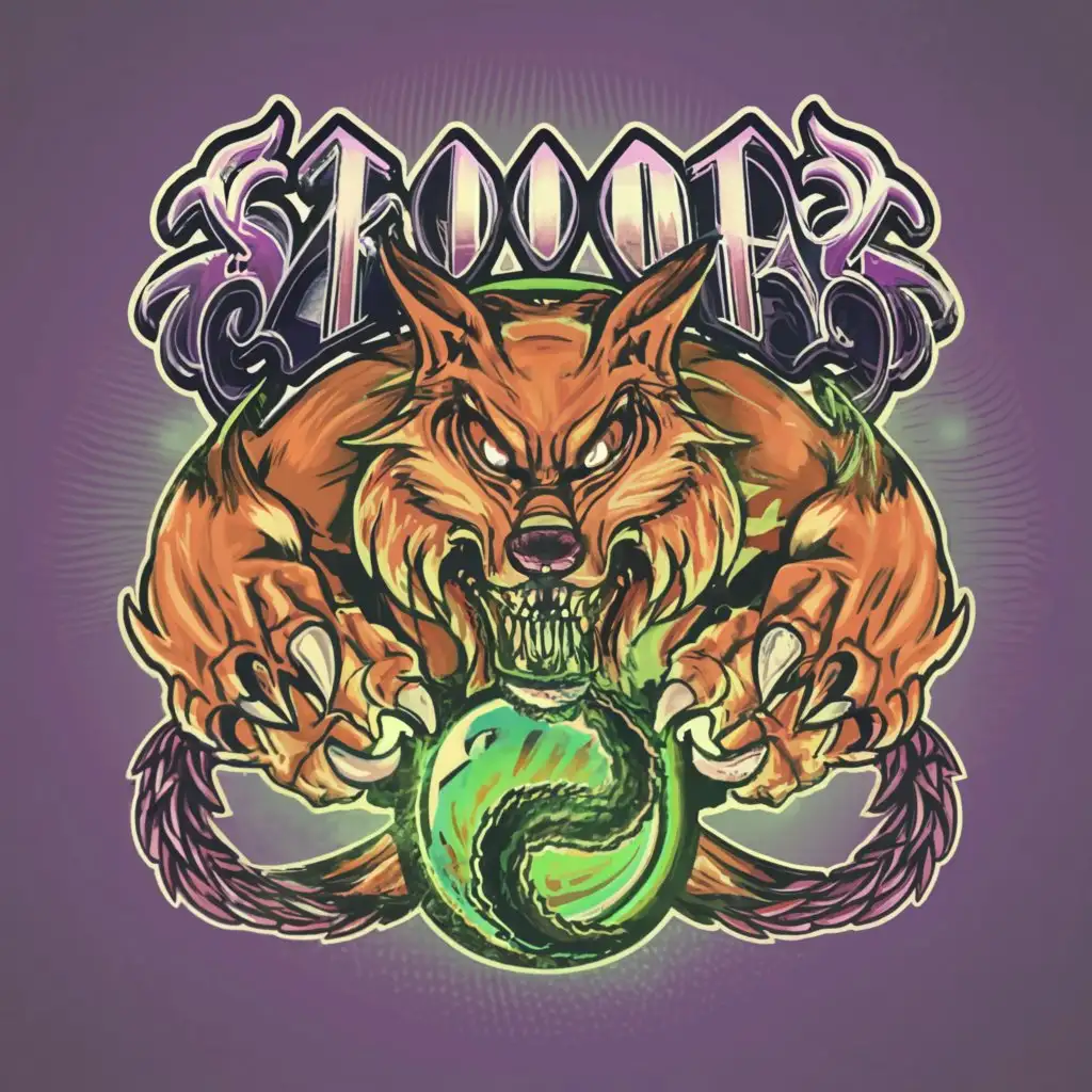 a logo design, with the text 'skooba', main symbol: a dragonouroboroswolf/ a giant axe/ green/ purple, complex, clear background