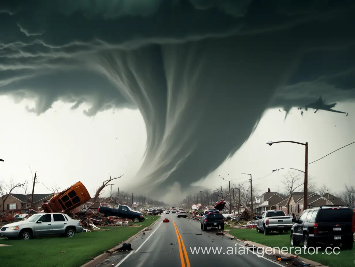 Огромный торнадо сносит все на пути везде летят машины, обломки, люди и жругое