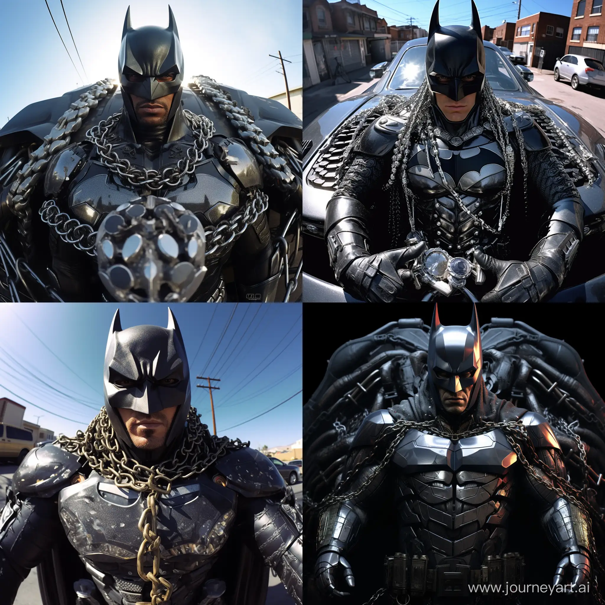 Hyper realistic Batman wearing iced out grills and chains, standing in front of his batmobile looking out of the fisheye perspective
