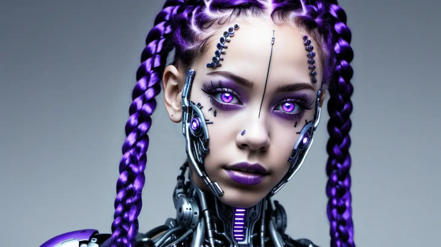 Cyborg woman, 18 years old. She has a cyborg face, but she is extremely beautiful. Black and purple braids. Light. White race. White skin. Caucasian.