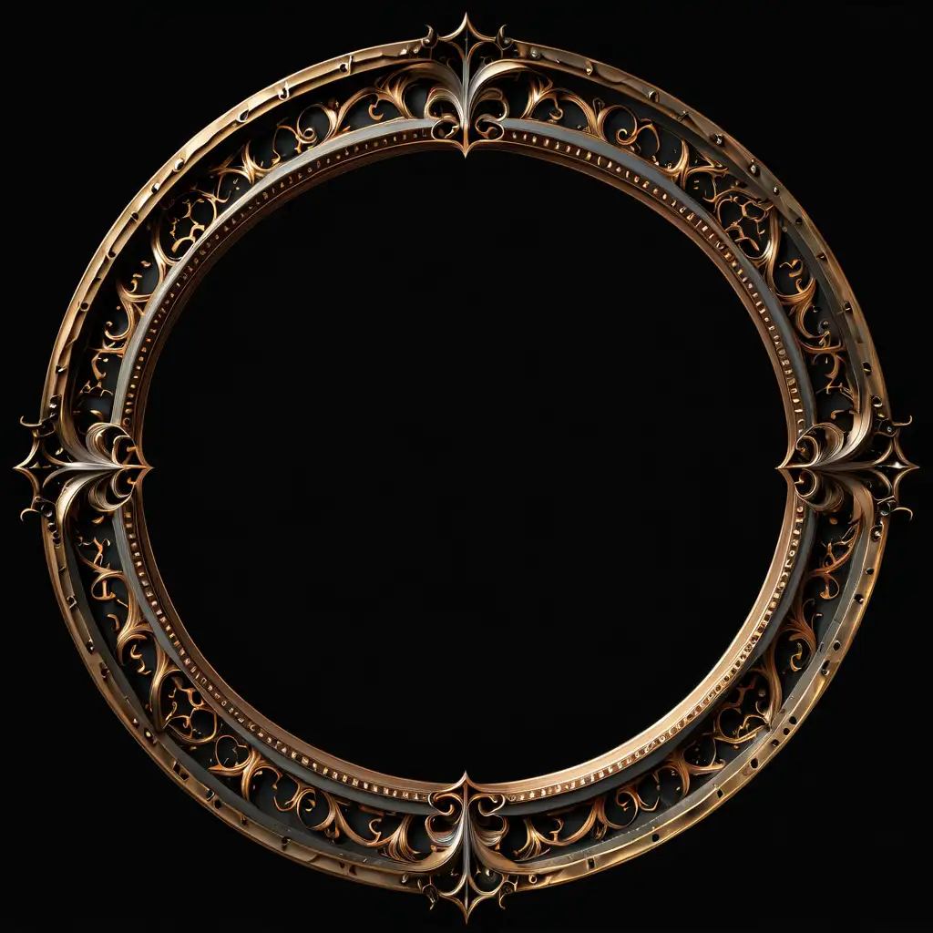 a circle frame made of bronze, gothic ornate details, nothing in the center. black background.