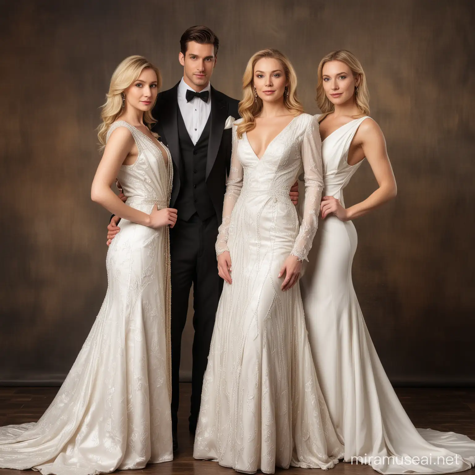 Two beautiful white women dressed in a fancy gown holding a handsome white man dressed in suit. A rich theme as the background.