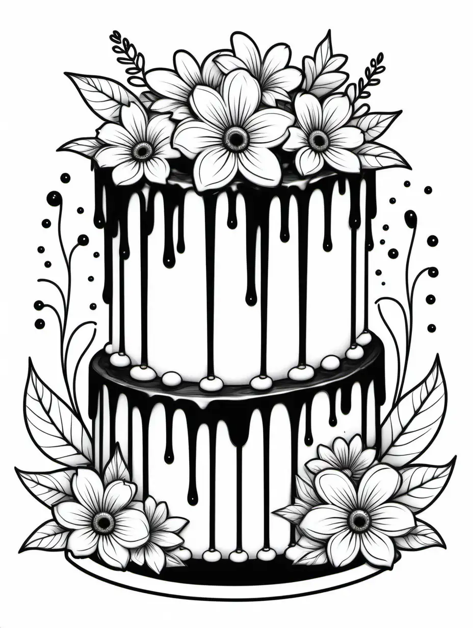 White drip cake style , black outline with the elegance flowers , black and white, a visually stunning cake ,colouring page, white background, white background, colouring page