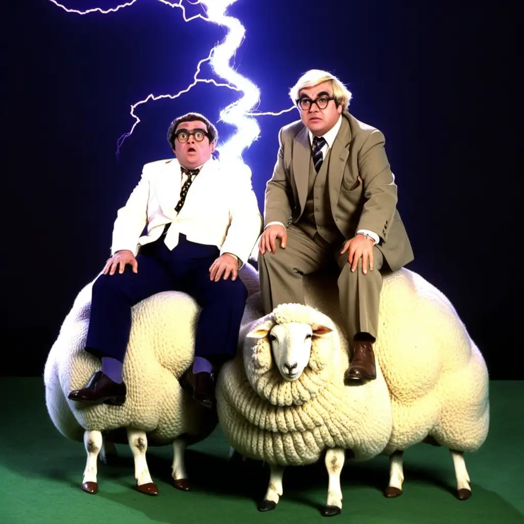 Comedic Duo The Two Ronnies Riding Sheep in a Lightning Ball
