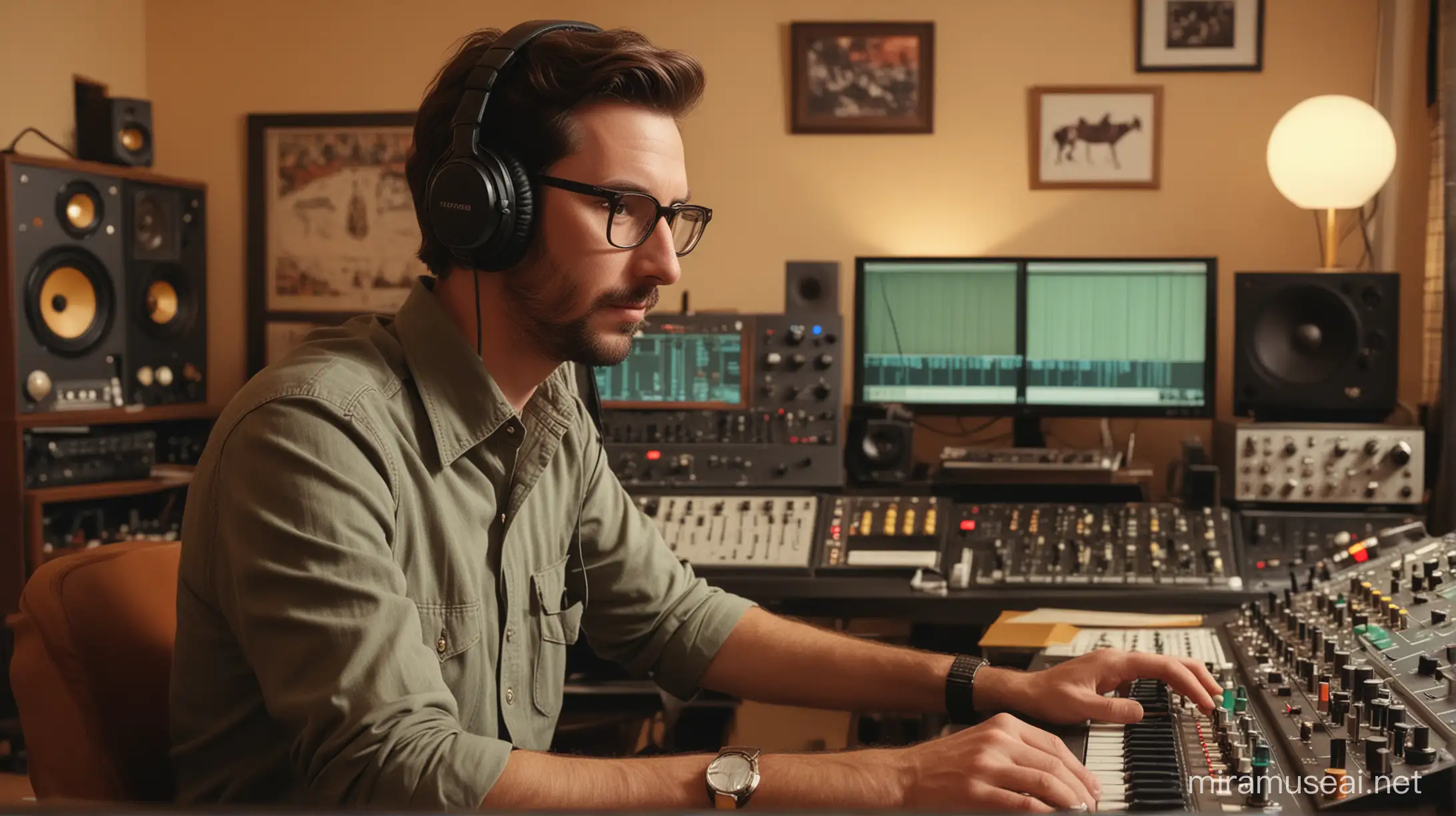 high quality cinematic portrait of a male sound engener sitting at a home studio editing desk from the 1970s  in the style of a wes anderson film