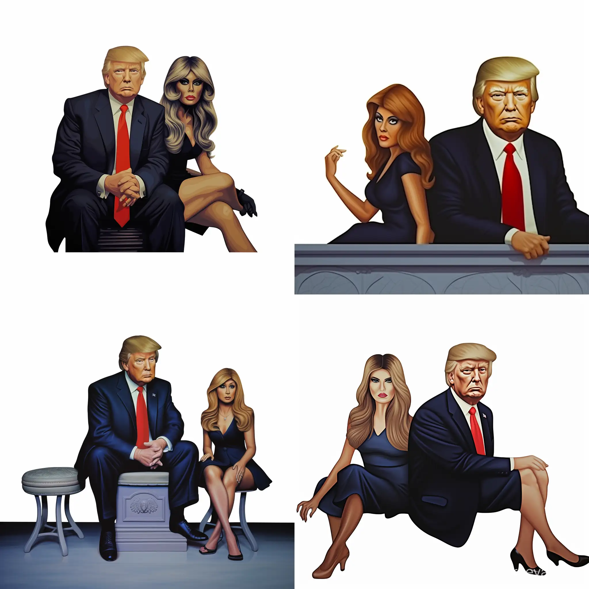 former news anchorwoman carol costello, wearing a cocktail dress and platform stilettos, and donald trump sitting on a stool across from each other and having a conversation.