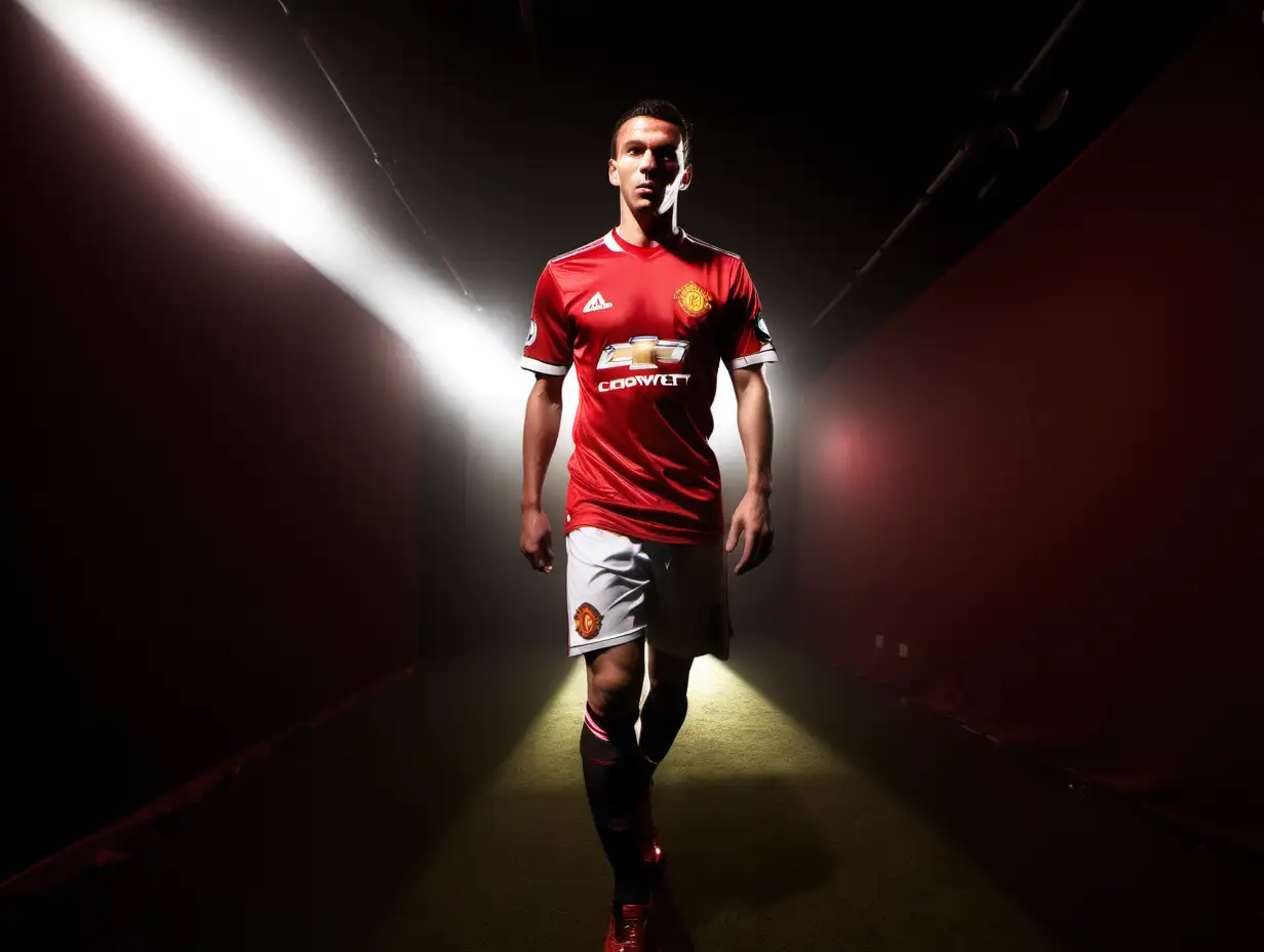 Manchester united player, walking towards light, front lit, dark red studio background, dramatic lighting, 
fish eye angel, shot from ground.