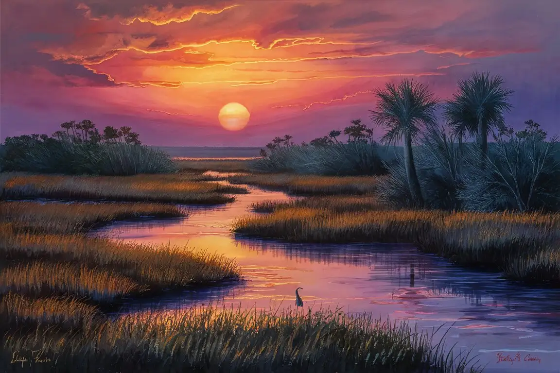 Imagine a peaceful and colorful painting that captures the magnificent beauty of a Lowcountry marsh in South Carolina at sunset. The scene is bathed in the rich, warm glow of the setting sun, creating a vibrant palette of colors—deep oranges, fiery reds, and purples that fade into the soft blues of the early evening. The sun, a fiery orb, hovers just above the horizon, reflecting its brilliant light across the smooth surface of meandering tidal creeks that weave through the marshland. These waterways, vital arteries of the marsh, mirror the spectacular colors of the sky, creating a striking contrast against the darkening silhouettes of palmetto trees and tall marsh grasses that line their banks. In the foreground, the dense grasses of the marsh are tinged with the golden hues of the sunset, creating a warm and inviting tapestry of colors that invites the viewer to pause and reflect. A lone heron stands stoically in the shallow waters, its silhouette a graceful addition to the landscape. The scene is a harmonious blend of tranquility and dramatic natural beauty, encapsulating the serene yet vibrant spirit of the Lowcountry at this magical time of day. The painting should aim to capture not just the visual splendor of the sunset over the marsh, but also the quiet, reflective atmosphere that envelops the landscape as day transitions to night.