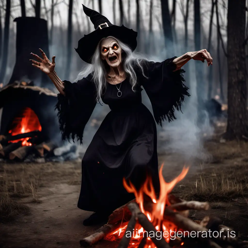 horrible old witch dancing around the fire