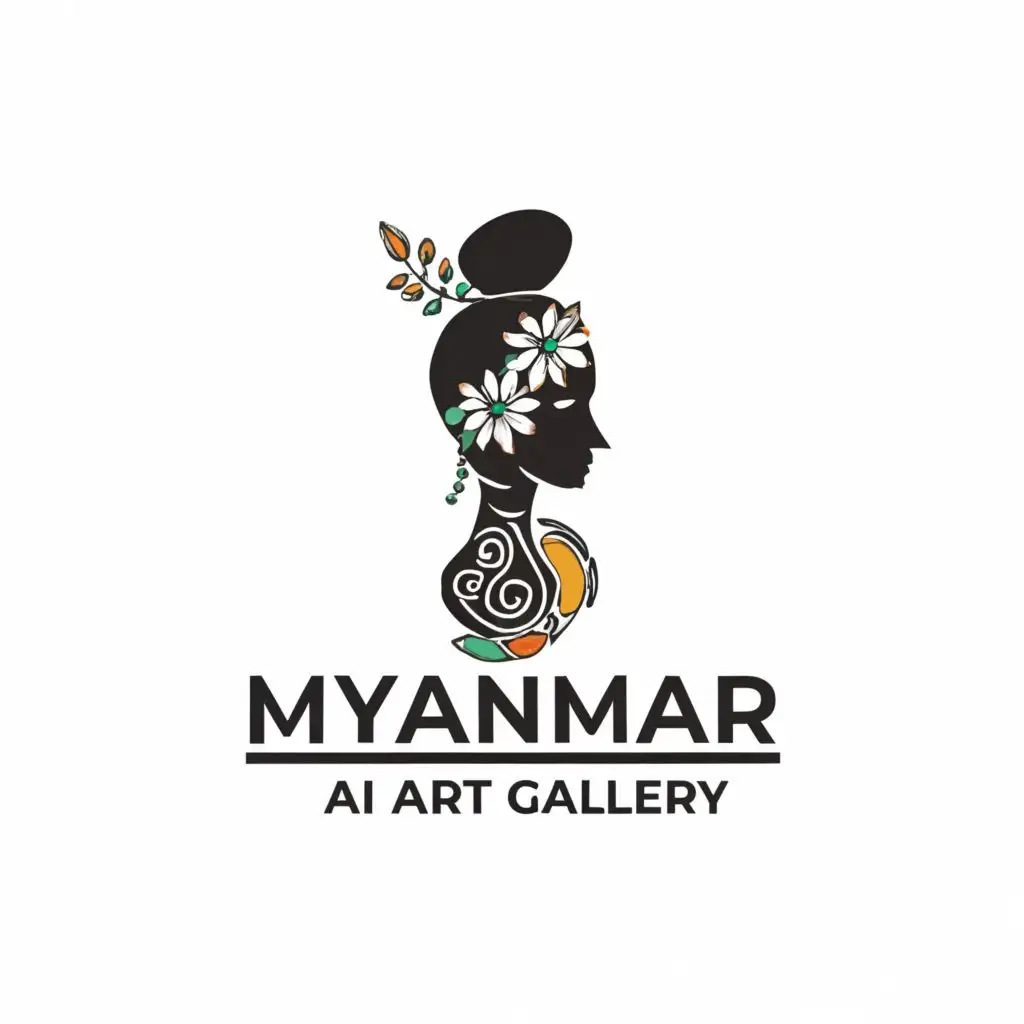 a logo design,with the text "MYANMAR AI ART GALLERY", main symbol:Abstract silhouette figure of Burmese woman face with chignon hair style with a white flower, thin thanakha paste on cheeks, Asiatic face, scarf on shoulders, side shot with floral design circle background,Moderate,be used in Technology industry,clear background