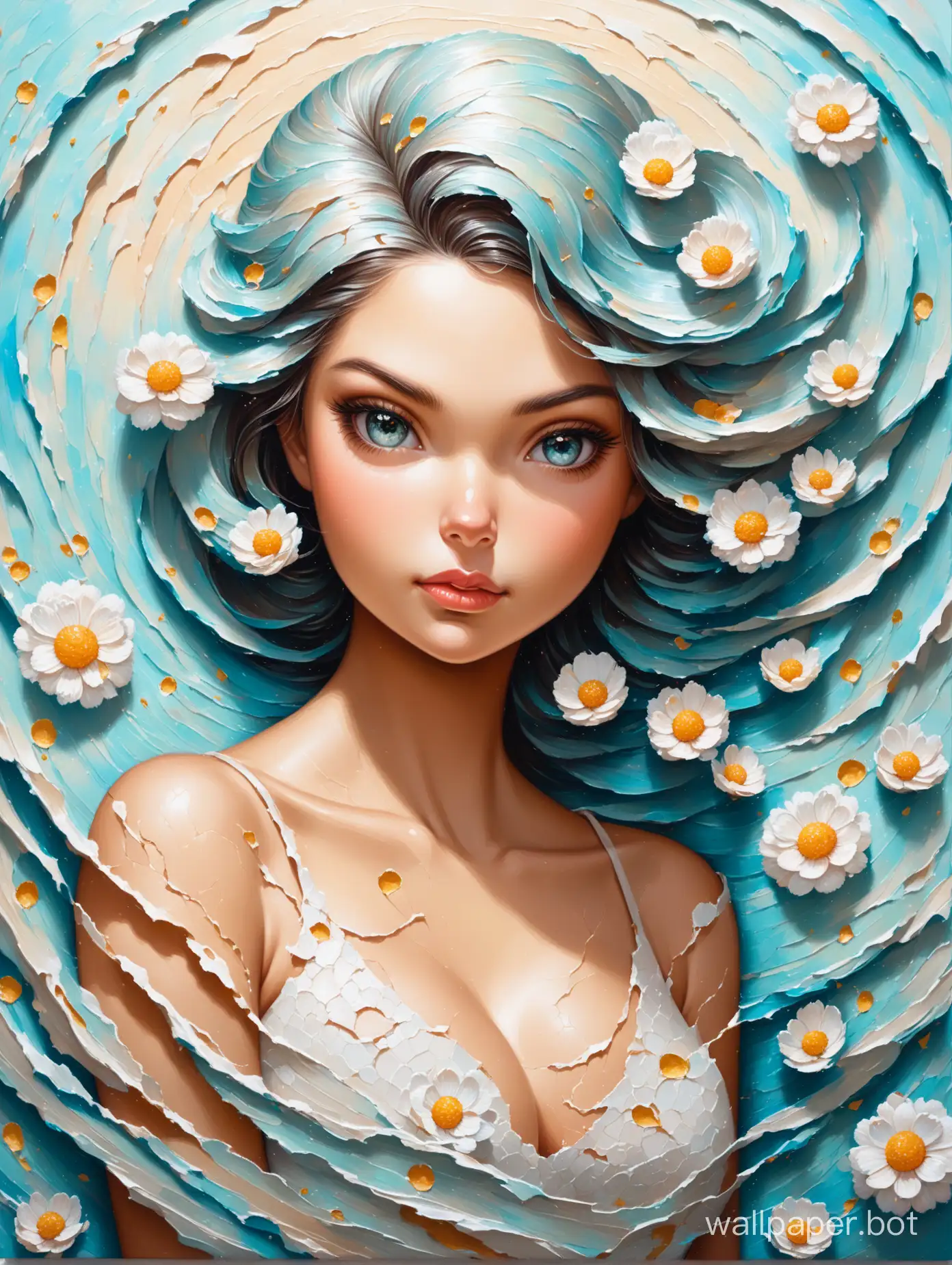 Multi-layered textured oil painting Impasto, ( elegant, extremely cute girl, in the style of Raoul Guerra, swirling double composition, voluminous small flowers), cinematic, hyper-realistic, sharp focus, very detailed, with cracked, flaking impasto in places, surreal, super detailed, clear illustration.
