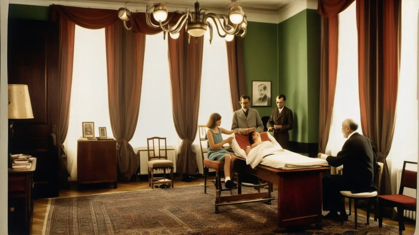 Highly detailed contemporary photography, indoor, colored, panoramic,,  summer, late afternoon, (Vienna , 1920, the apartment of Sigmund Freud, consultation room ) (Dr. Freud is performing a hypnotic treatment on a young female patient)