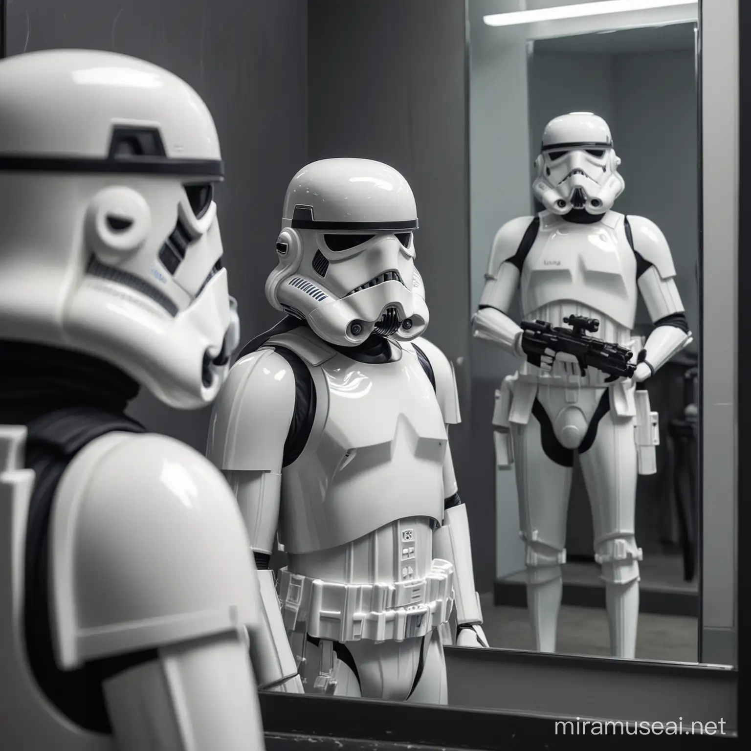 A stormtrooper looking at himself in the mirror