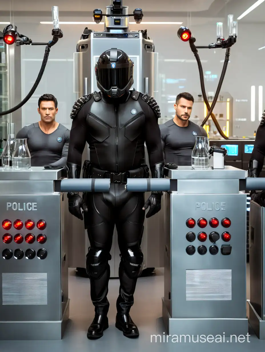 In a futuristic high medical lab, 3 man have been secured in a high tech machine that will convert them into 3 very muscular and very handsome policemen wearing tight shiny black rubber uniforms with police motorcycle helmets on their heads looking forward at the camera