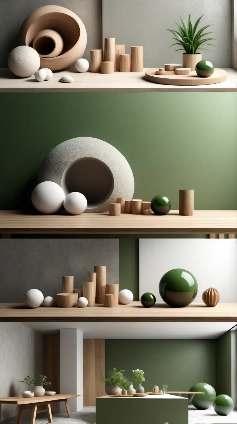 Materialcollage aus der Innanarchitektur dargestellt in 3D realistisch im Raum auf einem tisch und auf unterschiedlichen Formen,   natürliches und kräftigem grün, helles braun, angenehm warmes grau, holz und Baumwollmaterialien, weiß und grün, freundliche farbstimmung 