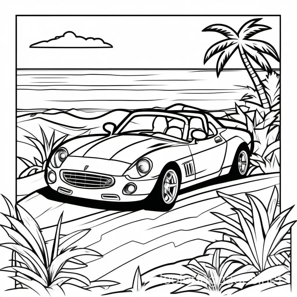 sportcar on deserted island, Coloring Page, black and white, line art, white background, Simplicity, Ample White Space. The background of the coloring page is plain white to make it easy for young children to color within the lines. The outlines of all the subjects are easy to distinguish, making it simple for kids to color without too much difficulty