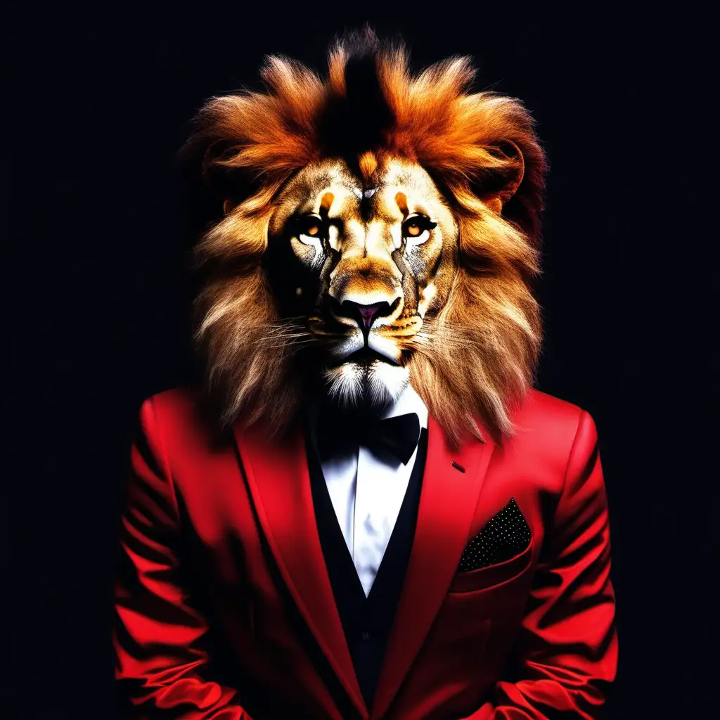 Lion waring a red suit in a black background